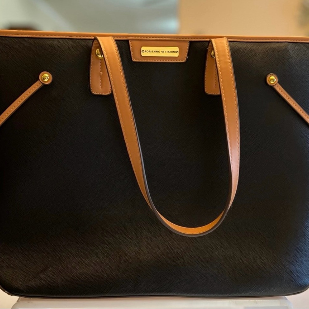 Adrienne Vittadini Black and Tan Tote with Gold Hardware